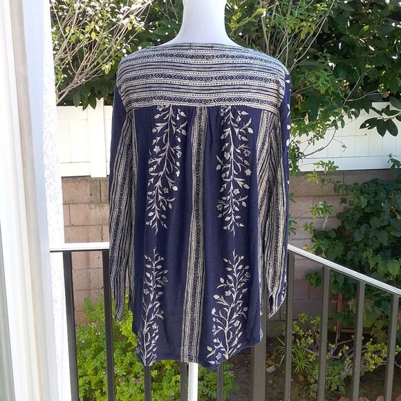 Lucky Brand Women's Top Size Med Blue White Boho Printed Peasant Long Sleeve - Picture 2 of 7